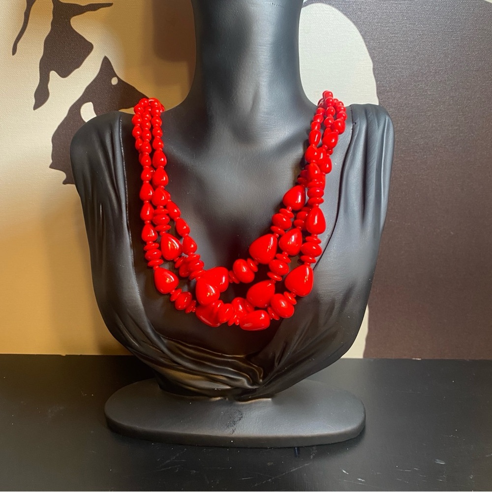 Vintage Czech Bohemian Triple Strand Cherry Red Glass  Bead Necklace